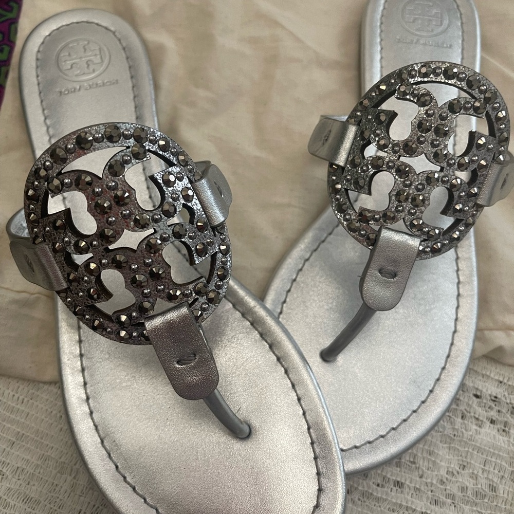 Tory Burch Silver Crystal Miller Thong Sandals - Picture 1 of 3
